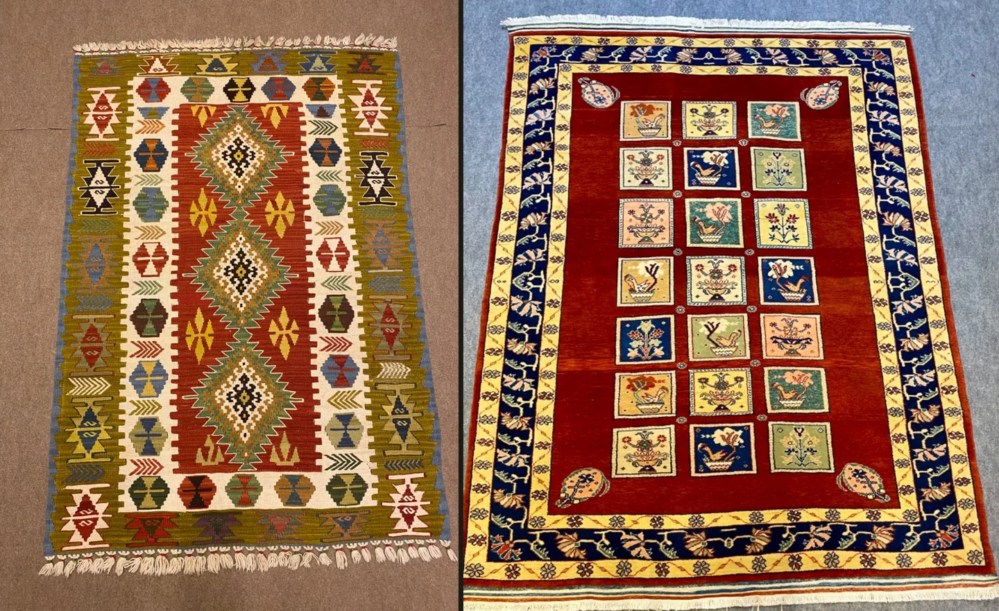 Yan yana Kayseri beşaklı kilim ve renkli kareli bahçe desenli halı