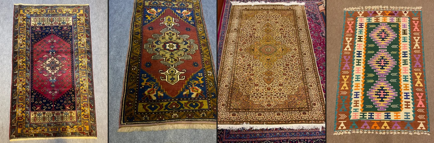 Yan yana lacivert, kiremit, krem ve yeşil zeminli dört farklı renkte el dokuması halı ve kilim