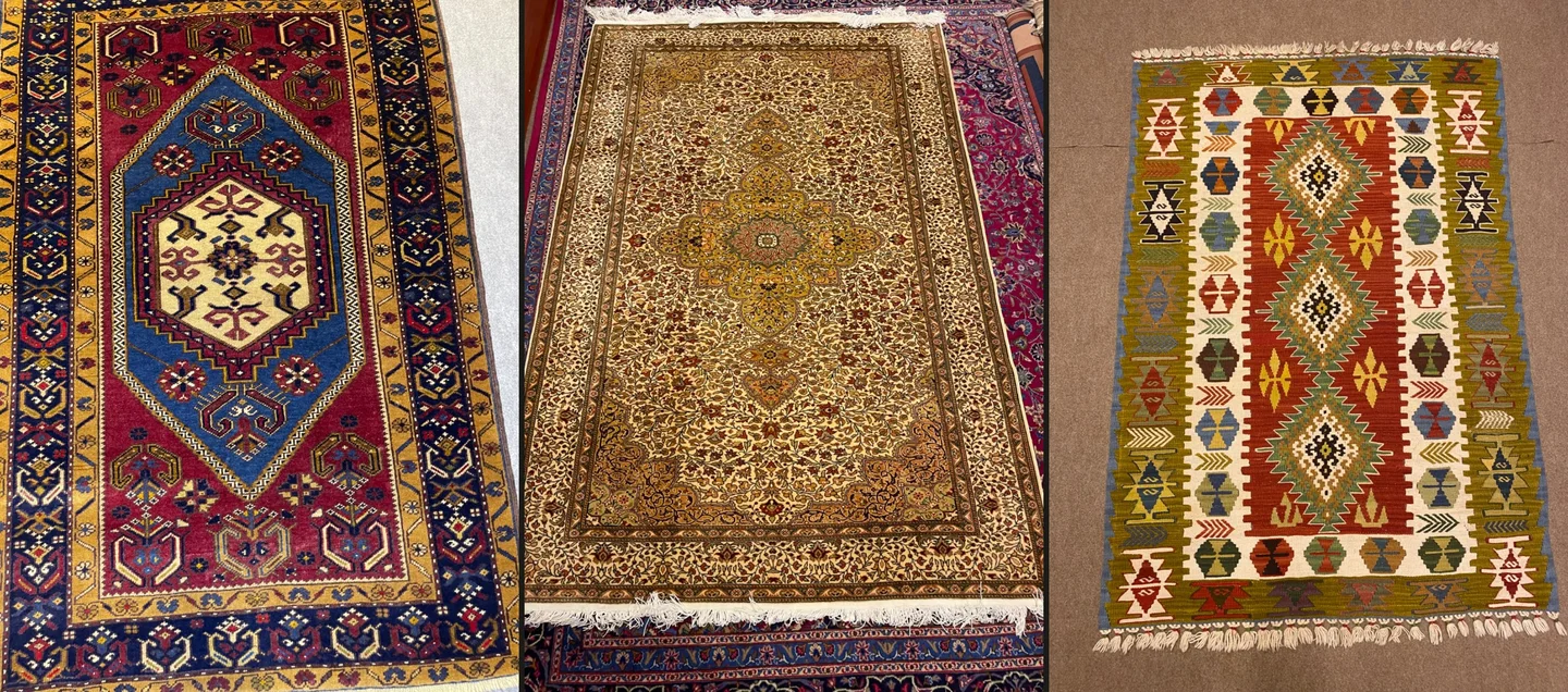Yan yana Yahyalı halısı, Bünyan halısı ve Kayseri beşaklı kilim