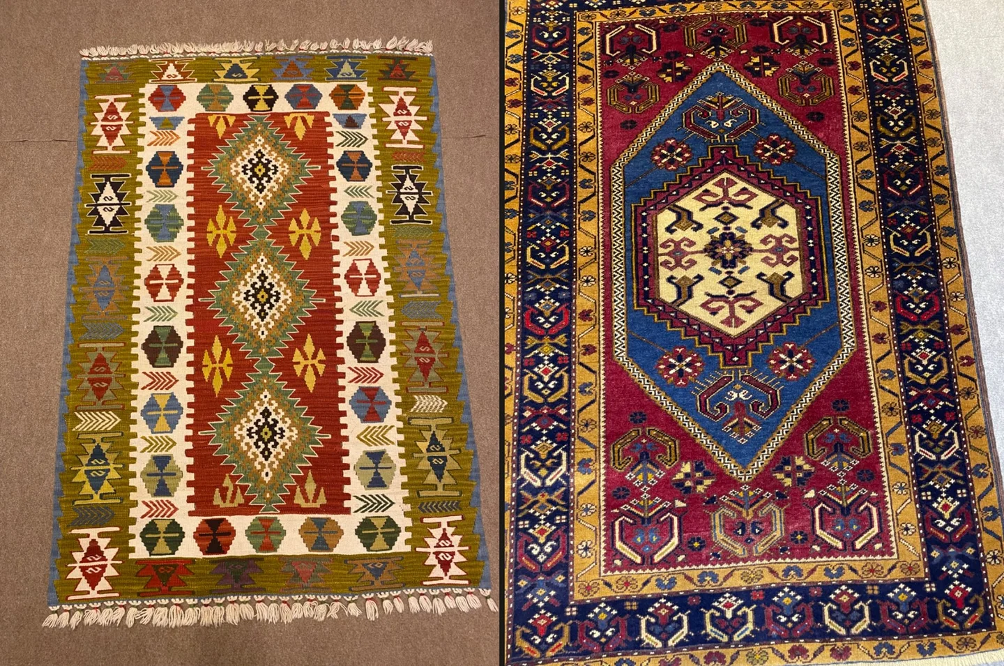 Yan yana Kayseri beşaklı kilim ve mavi göbekli bordo el dokuması halı