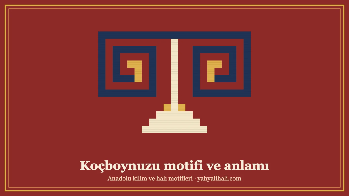 Koçboynuzu motifi çizimi, kırmızı zemin üzerinde kıvrık boynuzlar