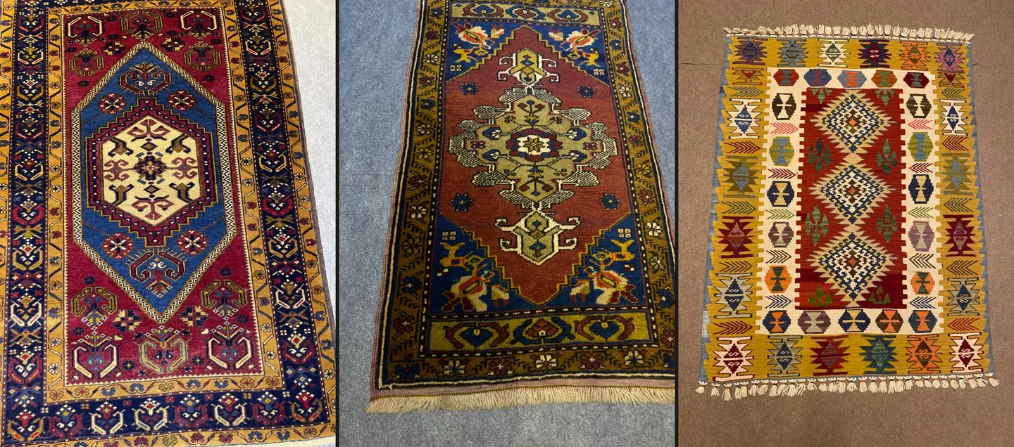 Kırmızı, lacivert, kiremit ve sarı tonlarında el dokuması halı ve kilim