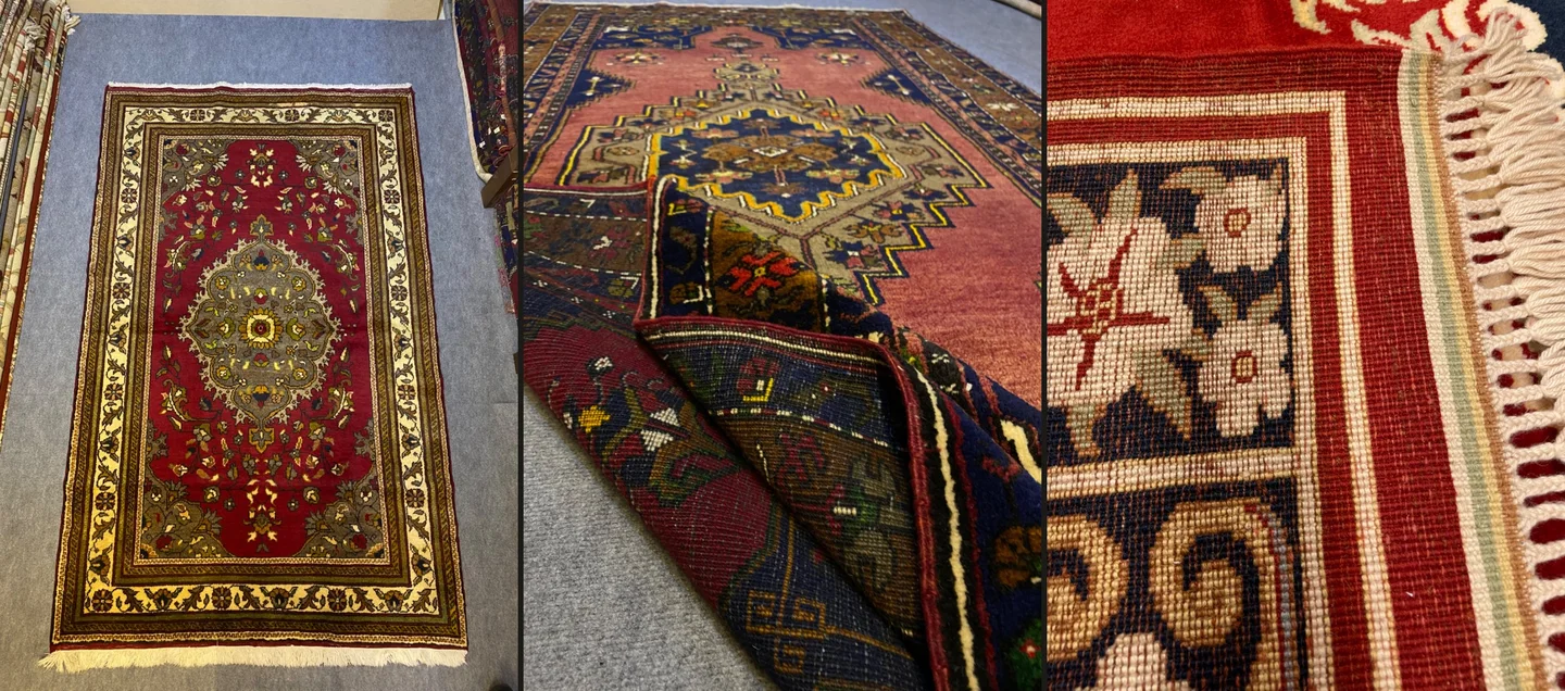 Serili bordo madalyonlu halı, halının arka yüzü ve püsküllü kenar dokusu yakın çekim