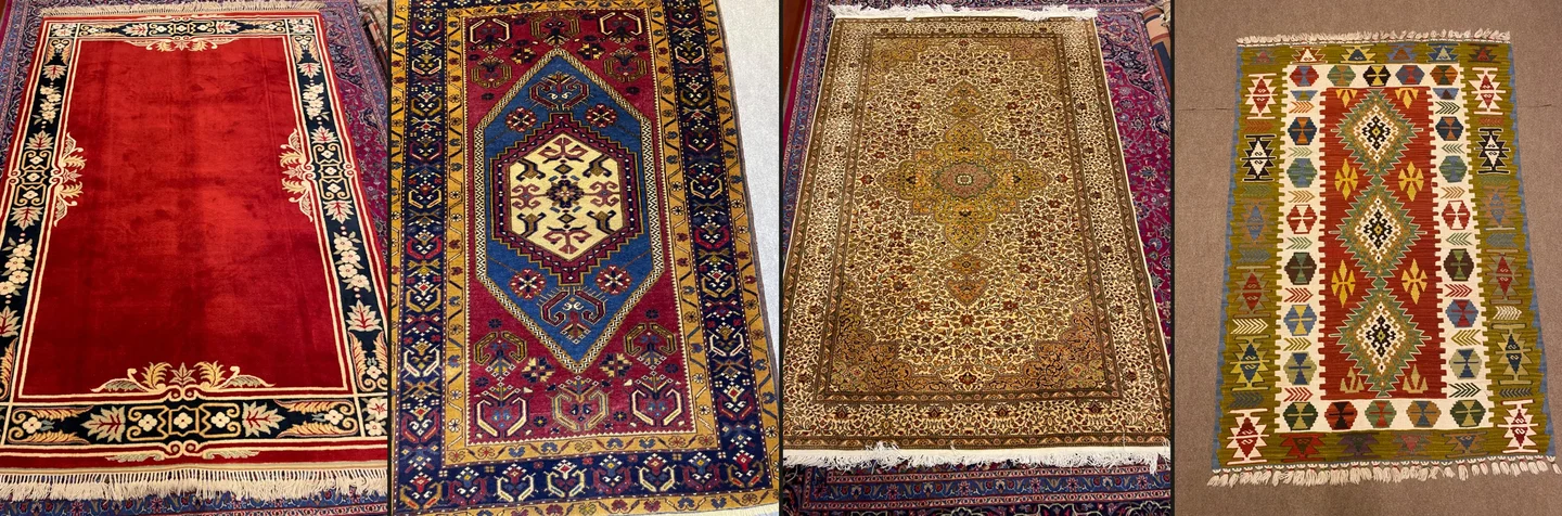 Yan yana Osmanlı saray halısı, Yahyalı desenli halı, Bünyan halısı ve Kayseri kilimi