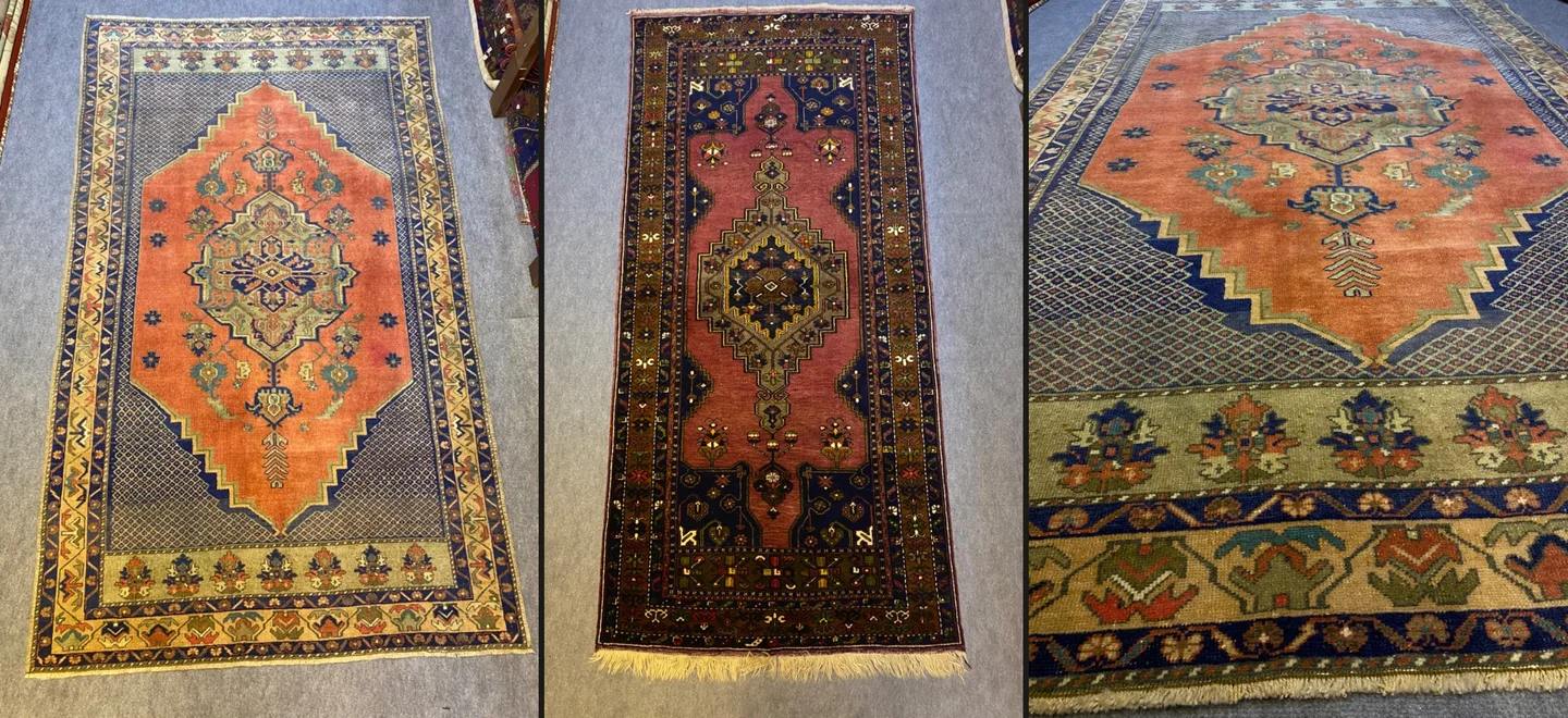 Yan yana somon ve gül kurusu tonlarında vintage görünümlü el dokuması halı ve yolluk