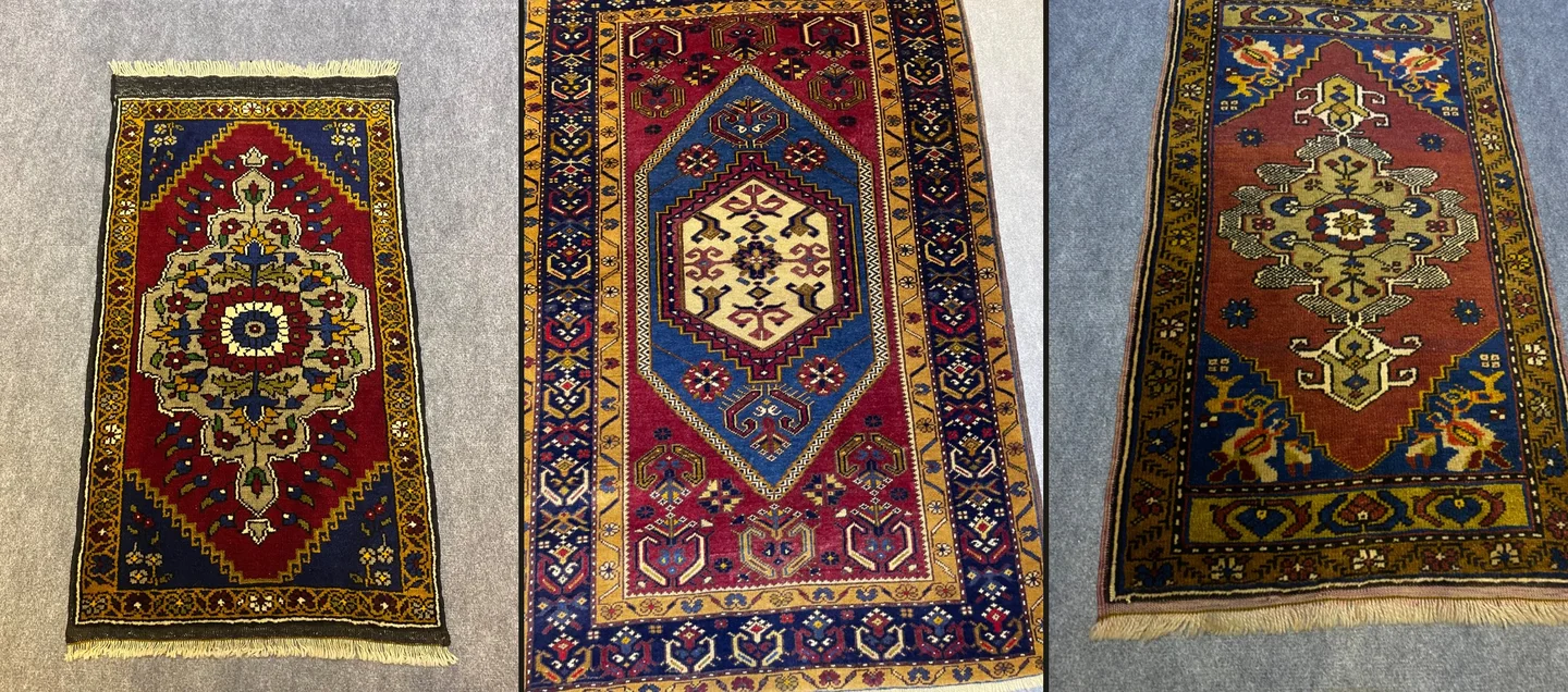 Yan yana Yahyalı desenli yolluk, mavi göbekli bordo ve kiremit zeminli halılar