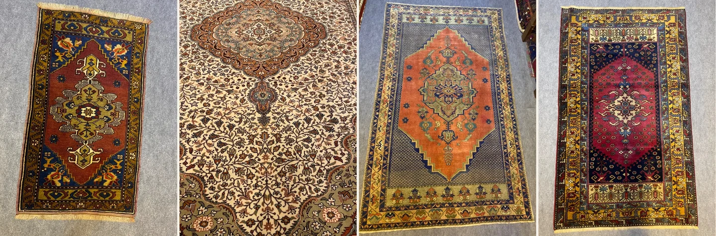 Yatak odası için kiremit, krem, somon ve lacivert zeminli dört el dokuma Yahyalı halısı