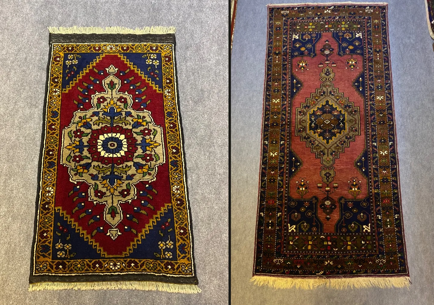 Yan yana kırmızı lacivert madalyonlu yolluk ve somon zeminli lacivert yolluk